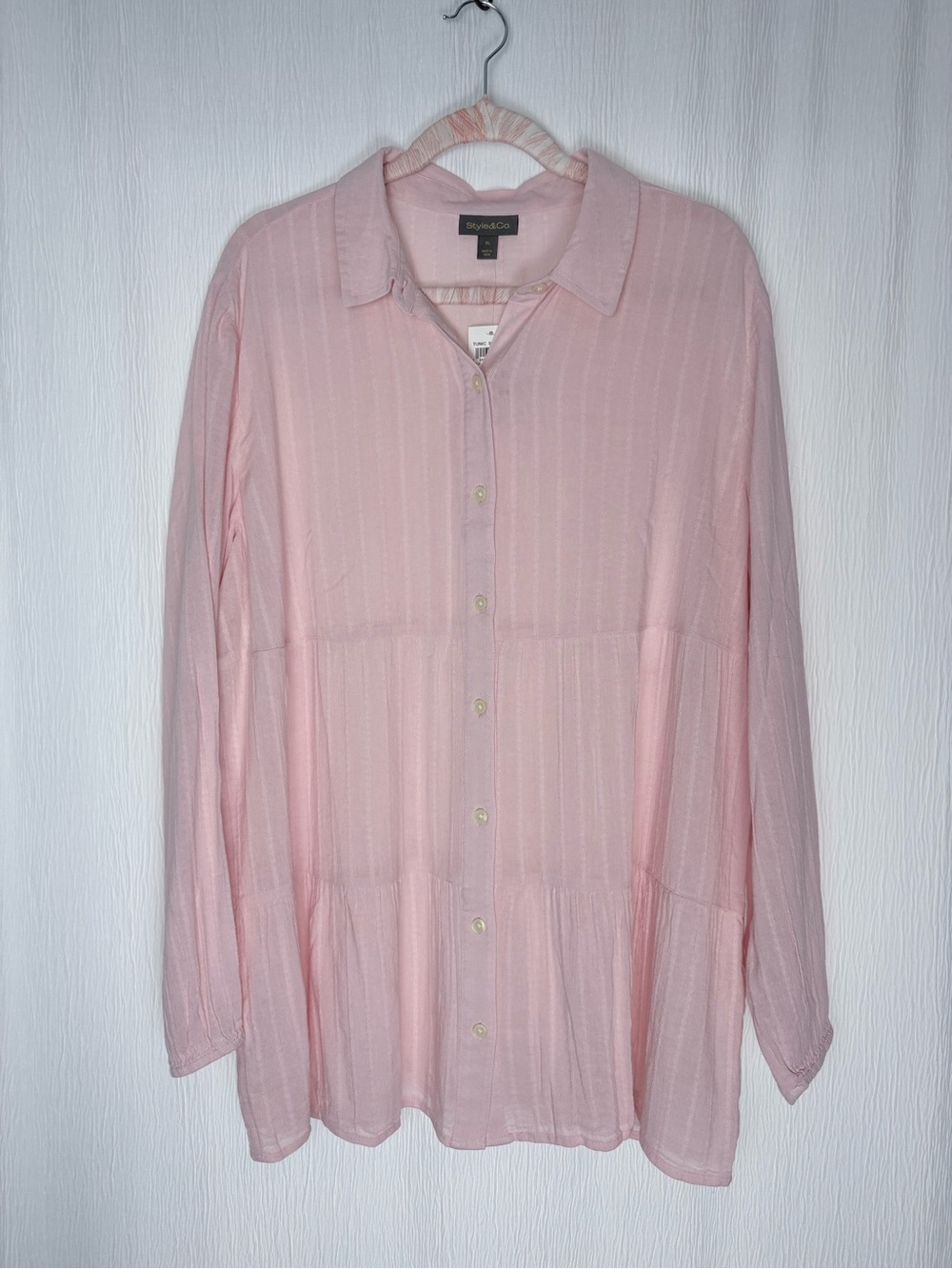 Style & Co. Tiered Button Down Tunic Top, Soft Pink, Size XL